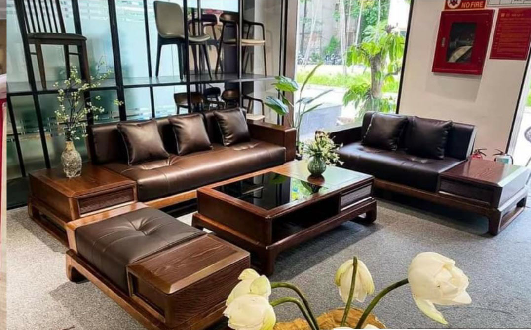 Bộ ghế sofa 2 văng chân quỳ chữ U gỗ sồi